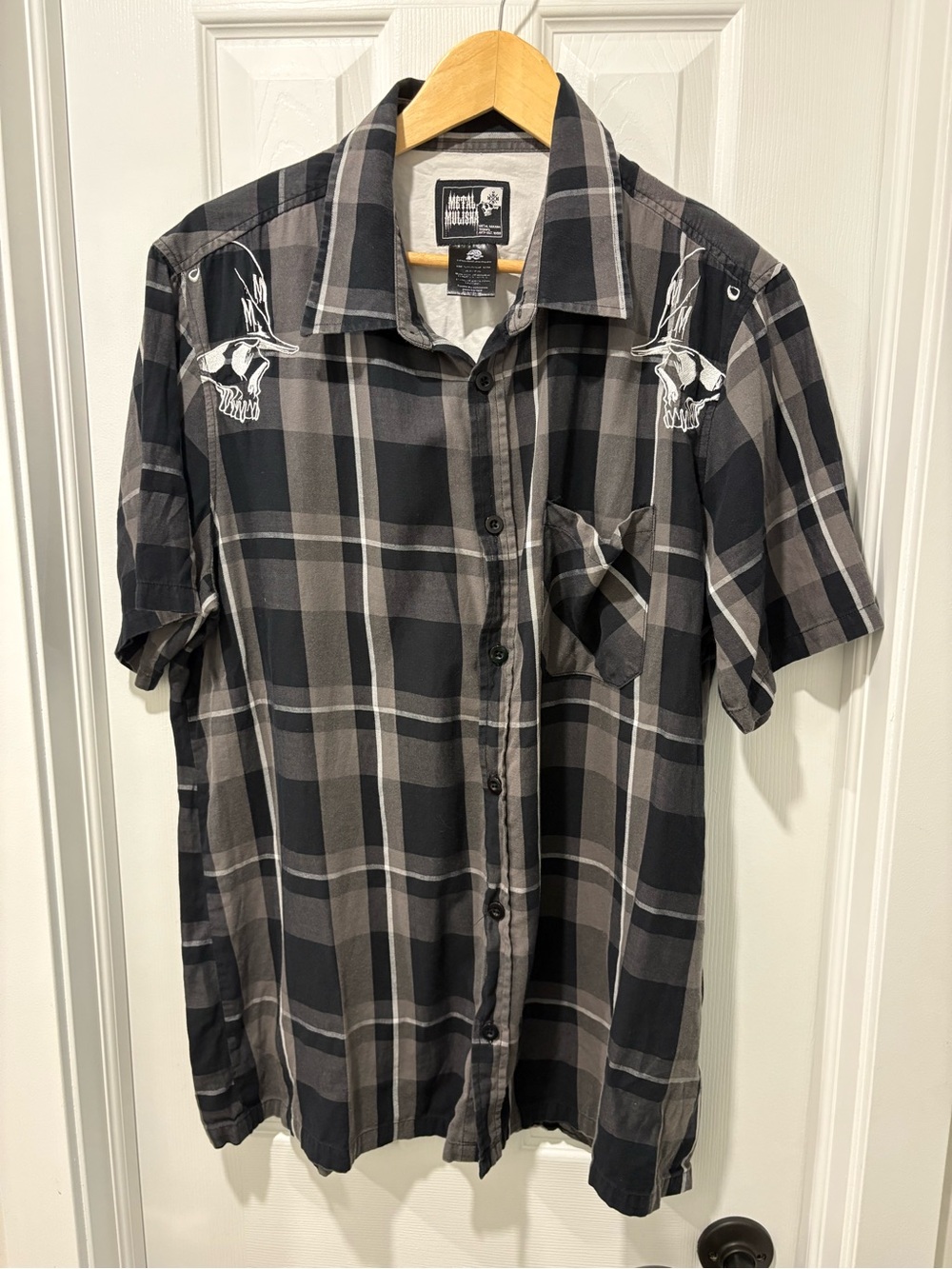 Metal Mulisha Men's Black Gray Plaid Short Sleeve Shirt XL
